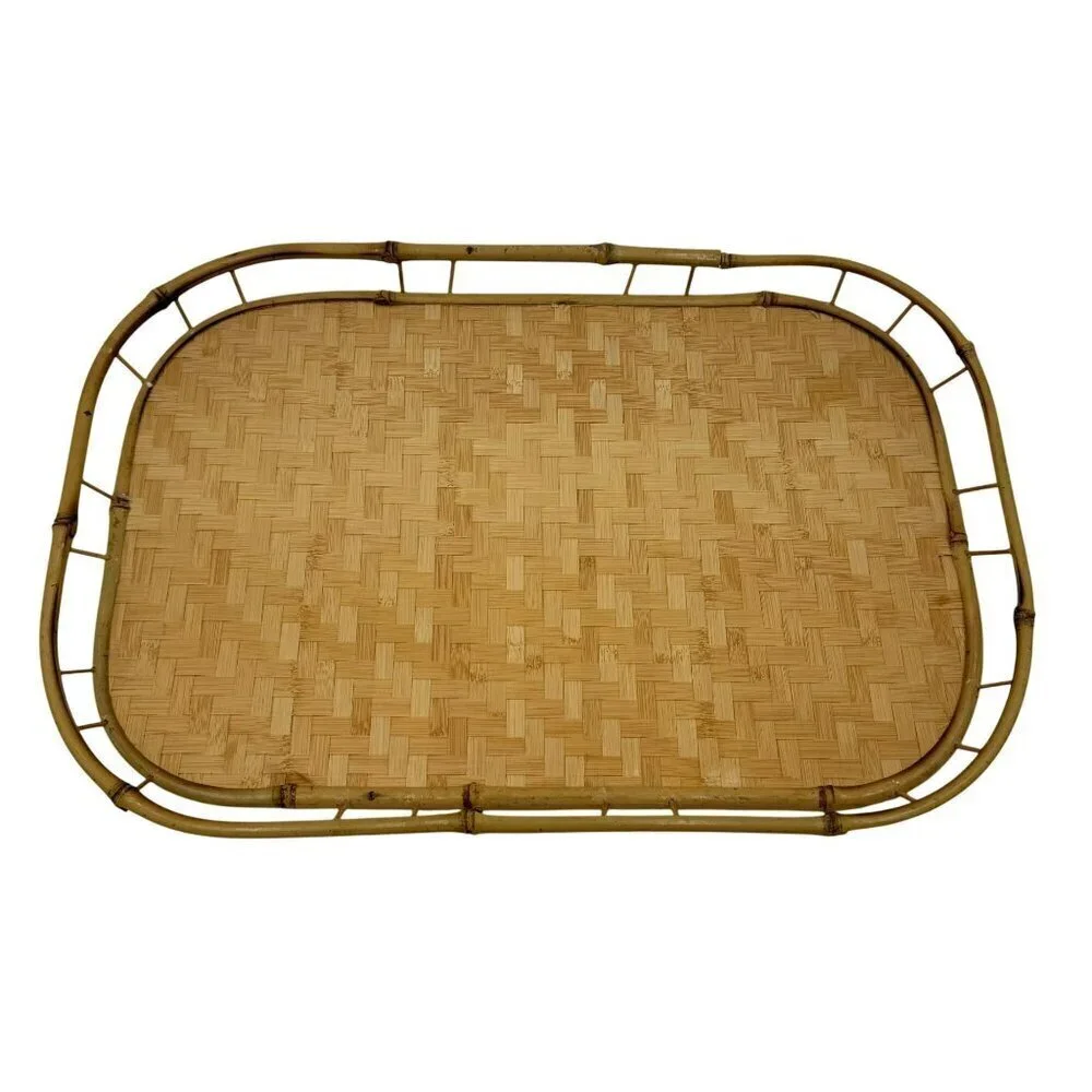Vintage Woven Bamboo Rattan Serving Lap Tray Tiki Bar
